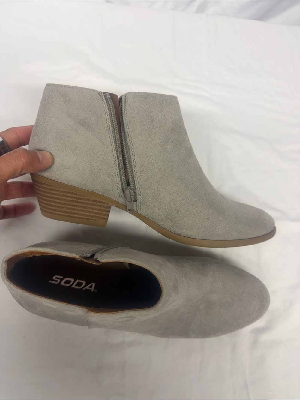 Soda Light Gray Suede Ankle Booties with Stacked Heel